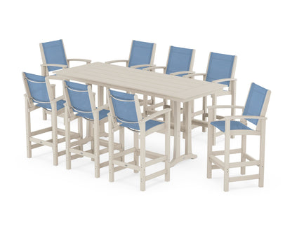 POLYWOOD® Coastal 9-Piece Farmhouse Bar Set with Trestle Legs in Sand / Poolside Sling
