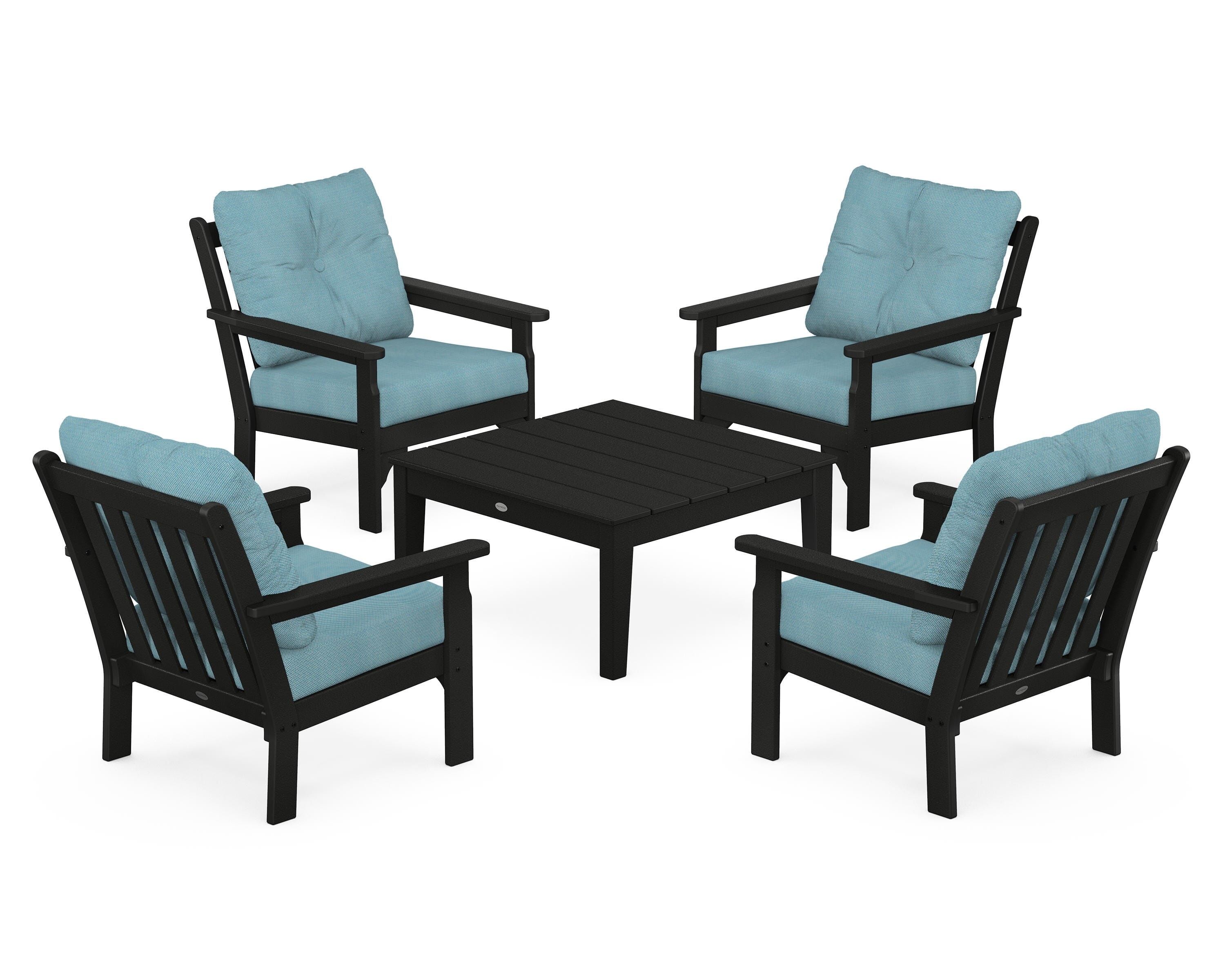 POLYWOOD® Vineyard 5-Piece Deep Seating Conversation Set in Black / Lattice Sky Blue