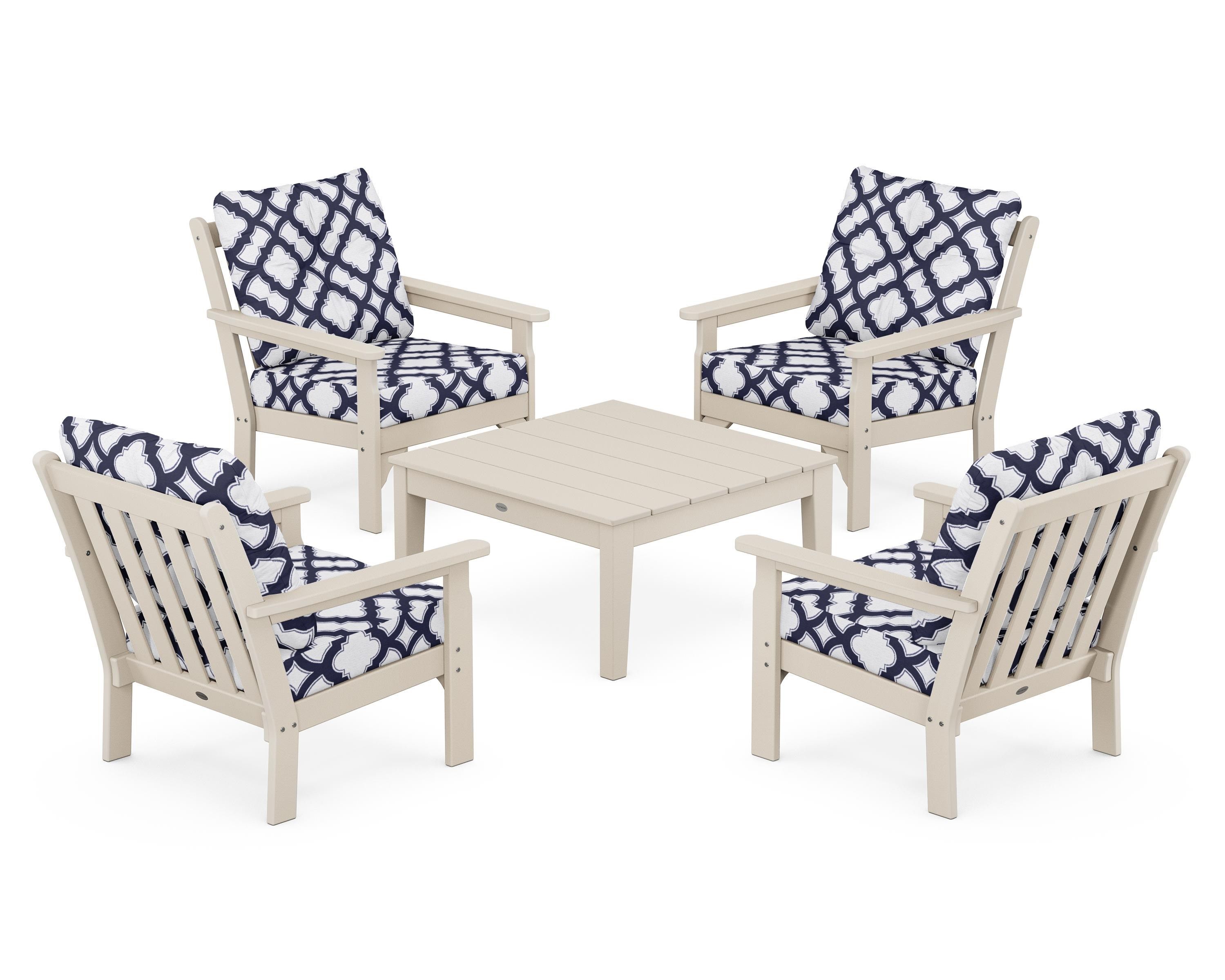 POLYWOOD® Vineyard 5-Piece Deep Seating Conversation Set in Sand / Trellis Navy