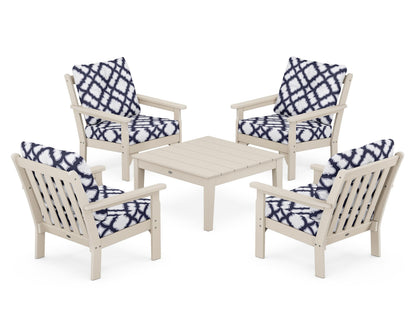 POLYWOOD® Vineyard 5-Piece Deep Seating Conversation Set in Sand / Trellis Navy