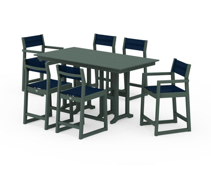 POLYWOOD® EDGE Sling 7-Piece Farmhouse Counter Set with Trestle Legs in Green / Navy Blue Sling