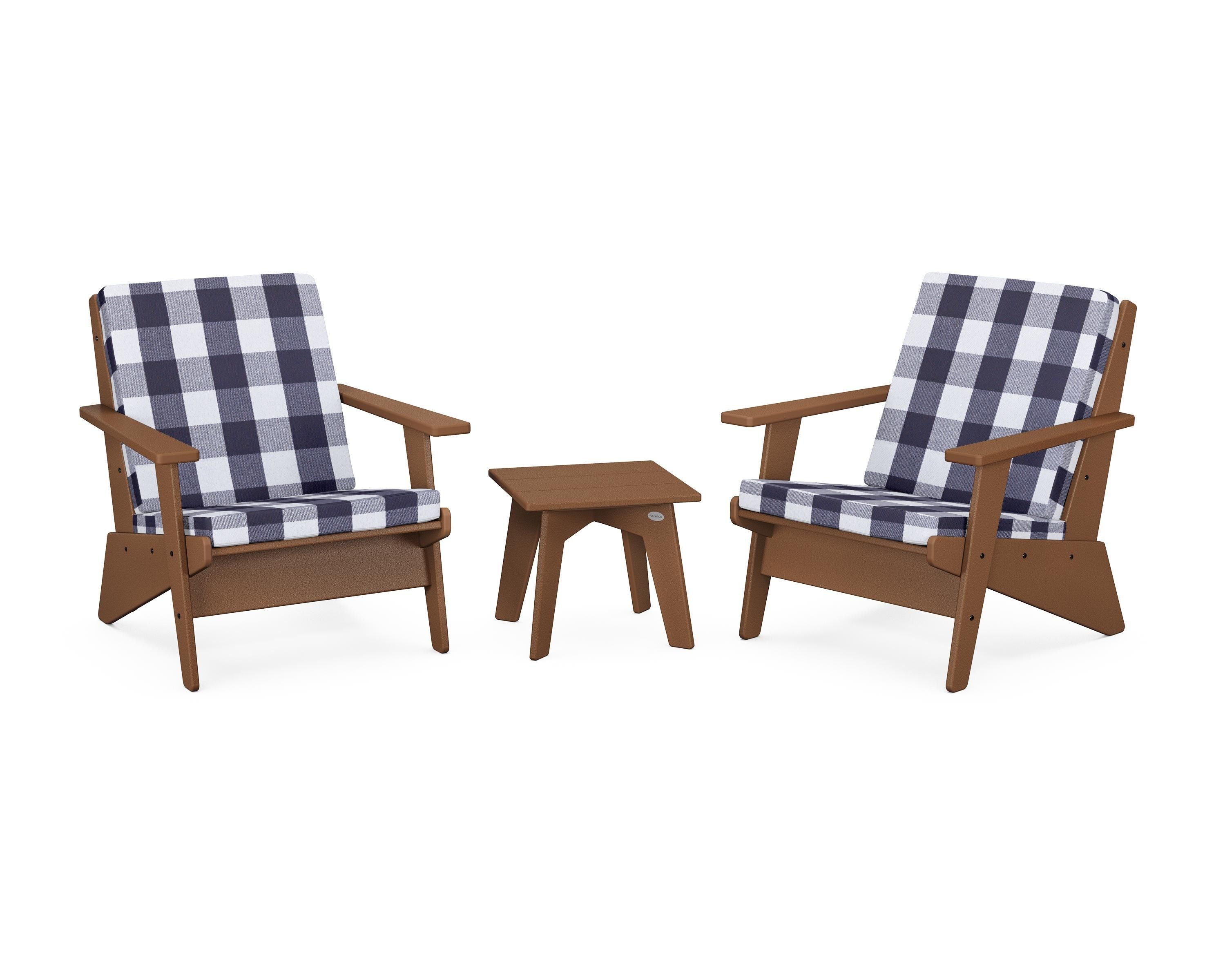 POLYWOOD® Riviera Modern Lounge 3-Piece Set in Teak / Buffalo Plaid Navy