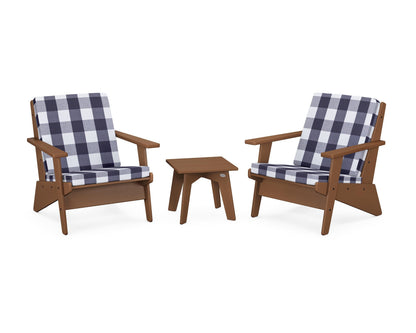 POLYWOOD® Riviera Modern Lounge 3-Piece Set in Teak / Buffalo Plaid Navy