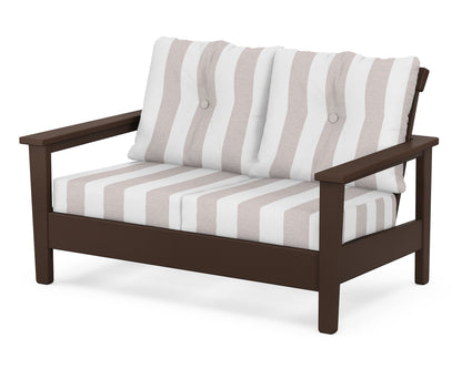 POLYWOOD® Prescott Deep Seating Loveseat in Mahogany / Cabana Stripe Dune Burlap