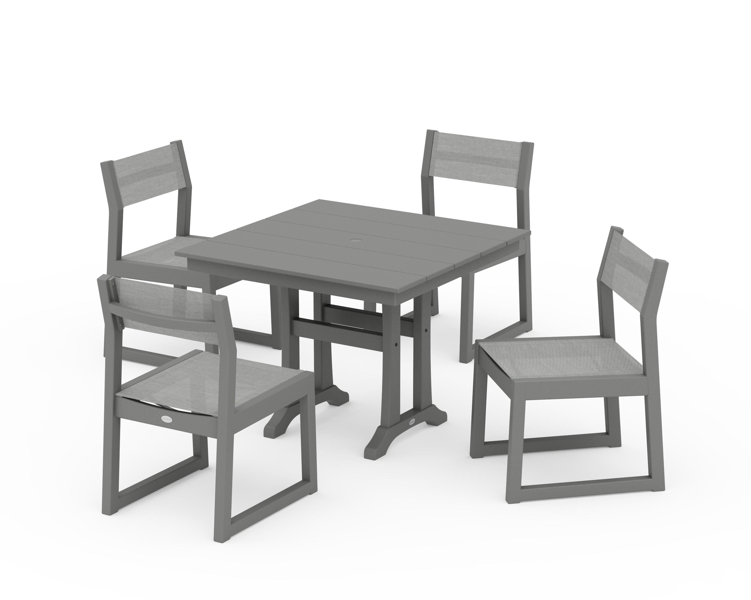 POLYWOOD® EDGE Sling 5-Piece Farmhouse Trestle Side Chair Dining Set in Slate Grey / Metallic Sling