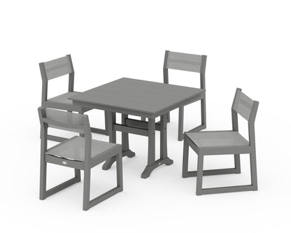 POLYWOOD® EDGE Sling 5-Piece Farmhouse Trestle Side Chair Dining Set in Slate Grey / Metallic Sling