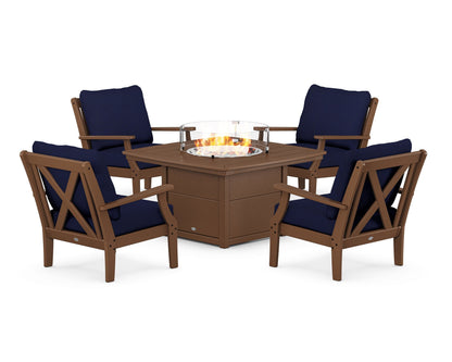 POLYWOOD® Braxton 5-Piece Deep Seating Conversation Set with Fire Pit Table in Teak / Navy
