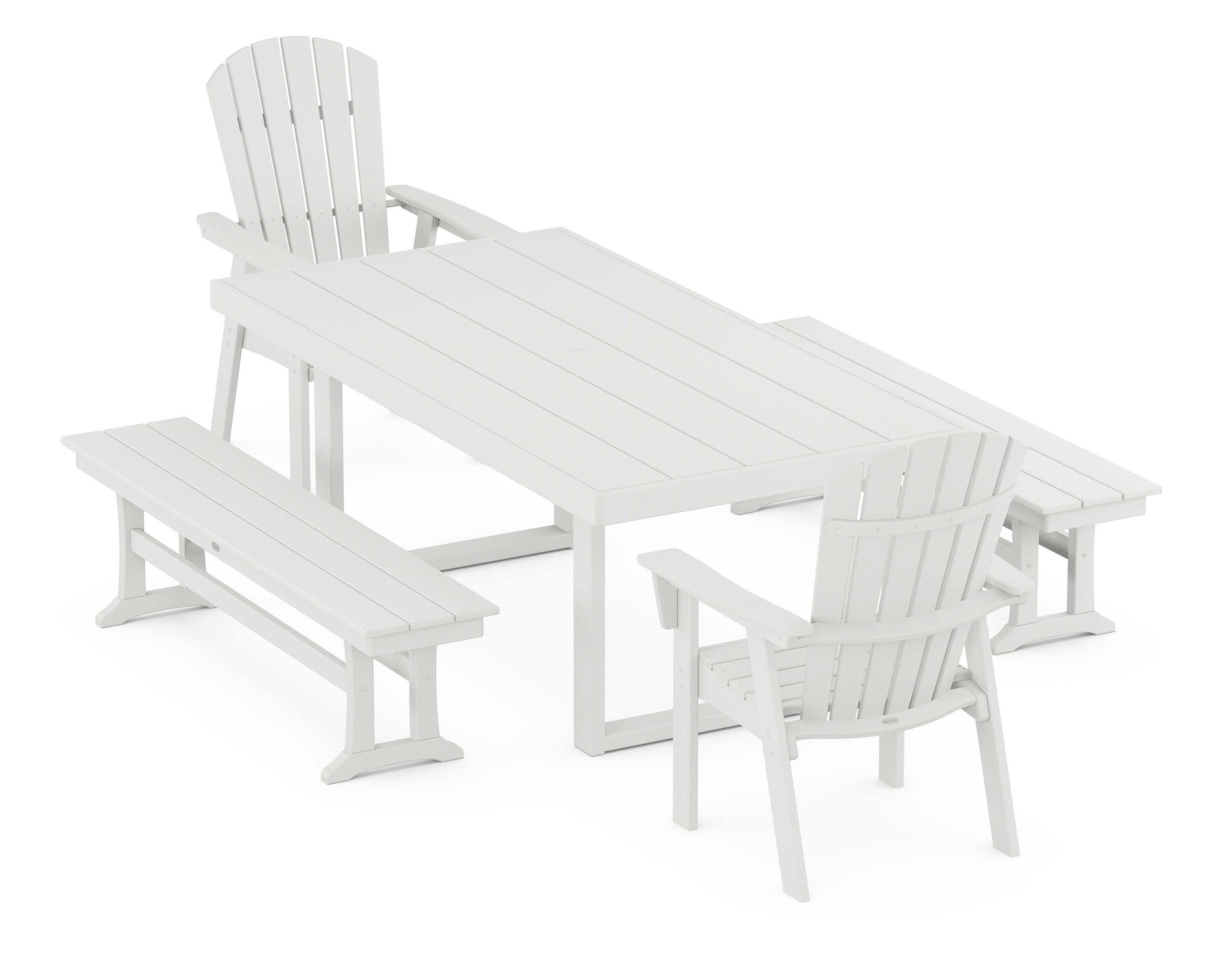 POLYWOOD® Nautical Curveback Adirondack 5-Piece Dining Set with Benches in White
