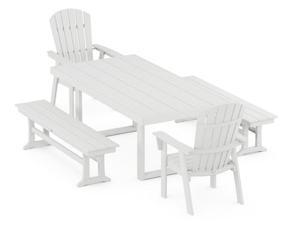POLYWOOD® Nautical Curveback Adirondack 5-Piece Dining Set with Benches in White