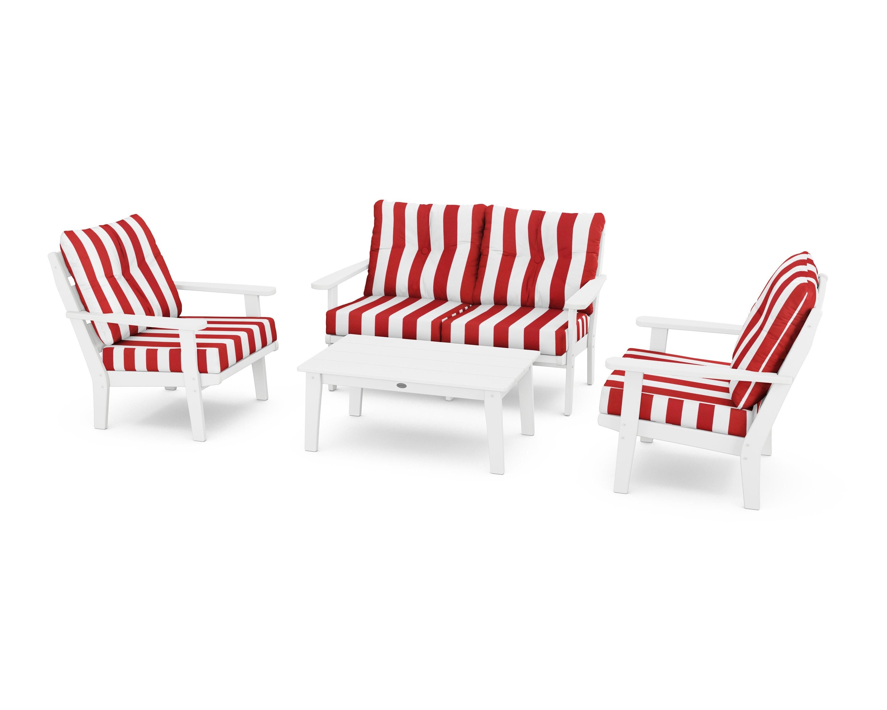POLYWOOD® Lakeside 4-Piece Deep Seating Set in White / Cabana Stripe Crimson