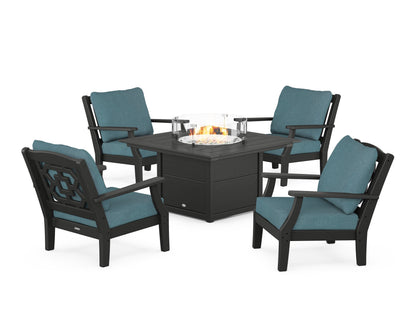 Martha Stewart by POLYWOOD® Chinoiserie 5-Piece Deep Seating Set with Fire Pit Table in Black / Ocean Teal