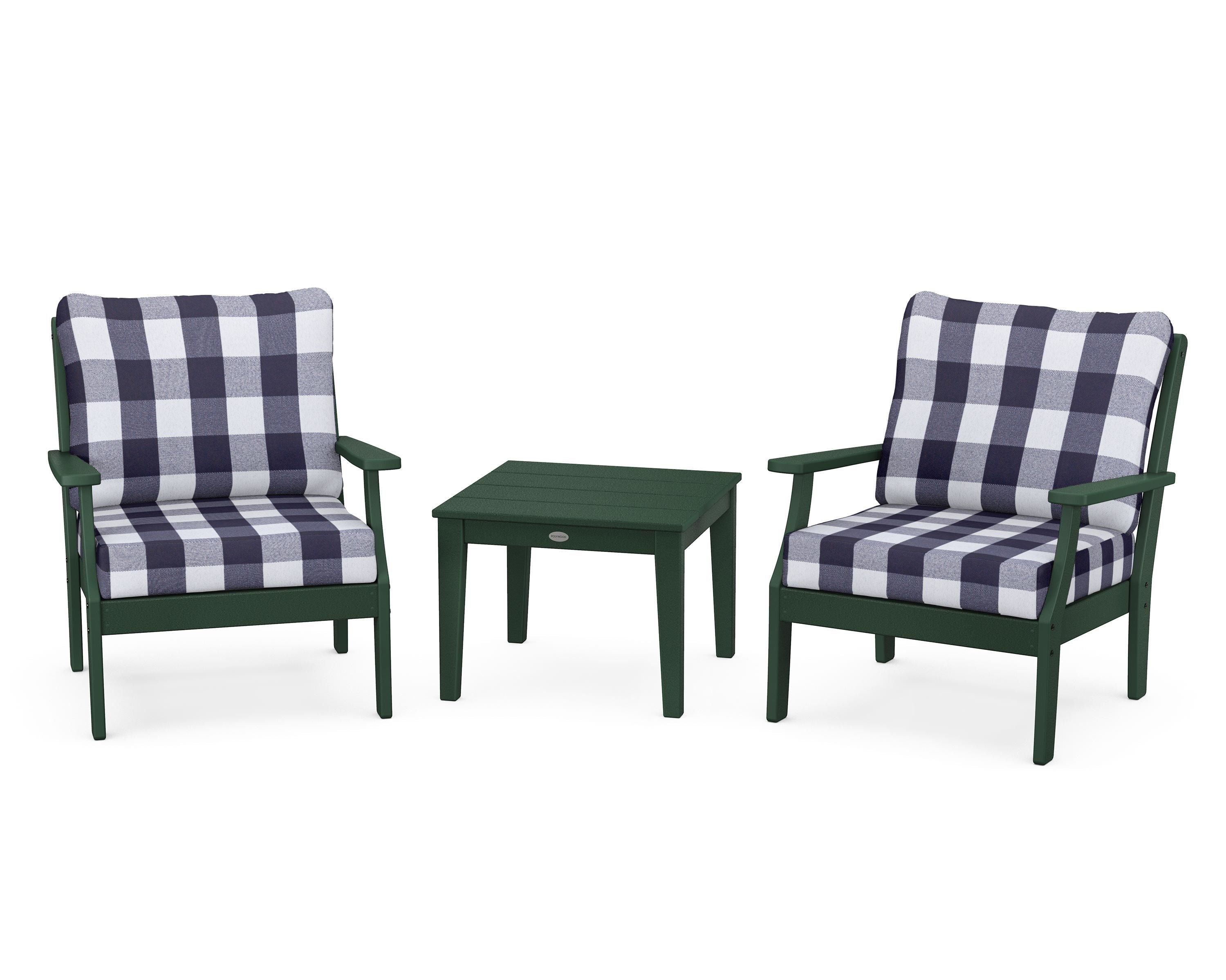 POLYWOOD® Braxton 3-Piece Deep Seating Set in Green / Buffalo Plaid Navy