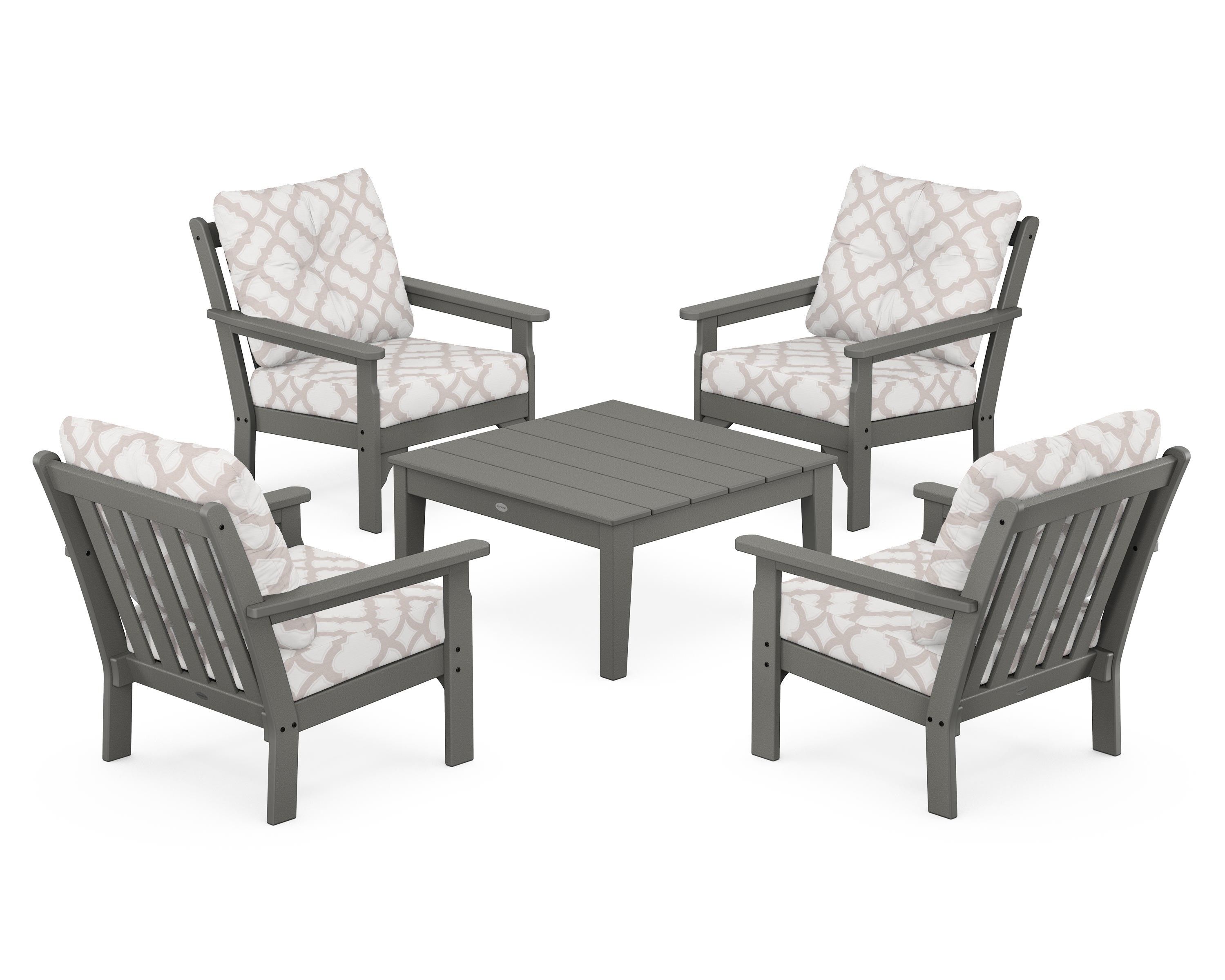 POLYWOOD® Vineyard 5-Piece Deep Seating Conversation Set in Slate Grey / Trellis Dune Burlap