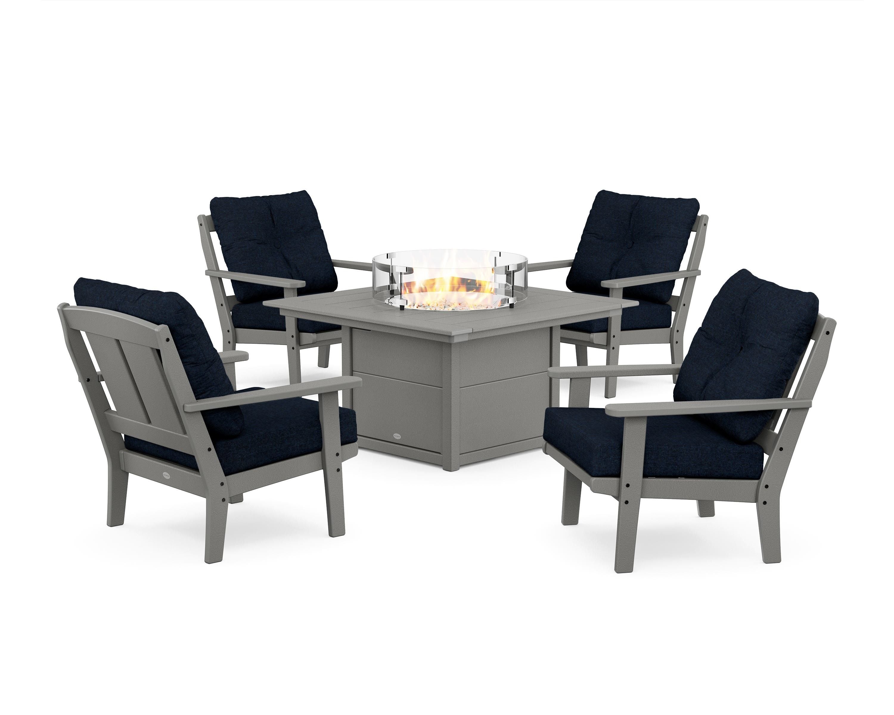POLYWOOD® Mission 5-Piece Deep Seating Set with Fire Pit Table in Slate Grey / Marine Indigo