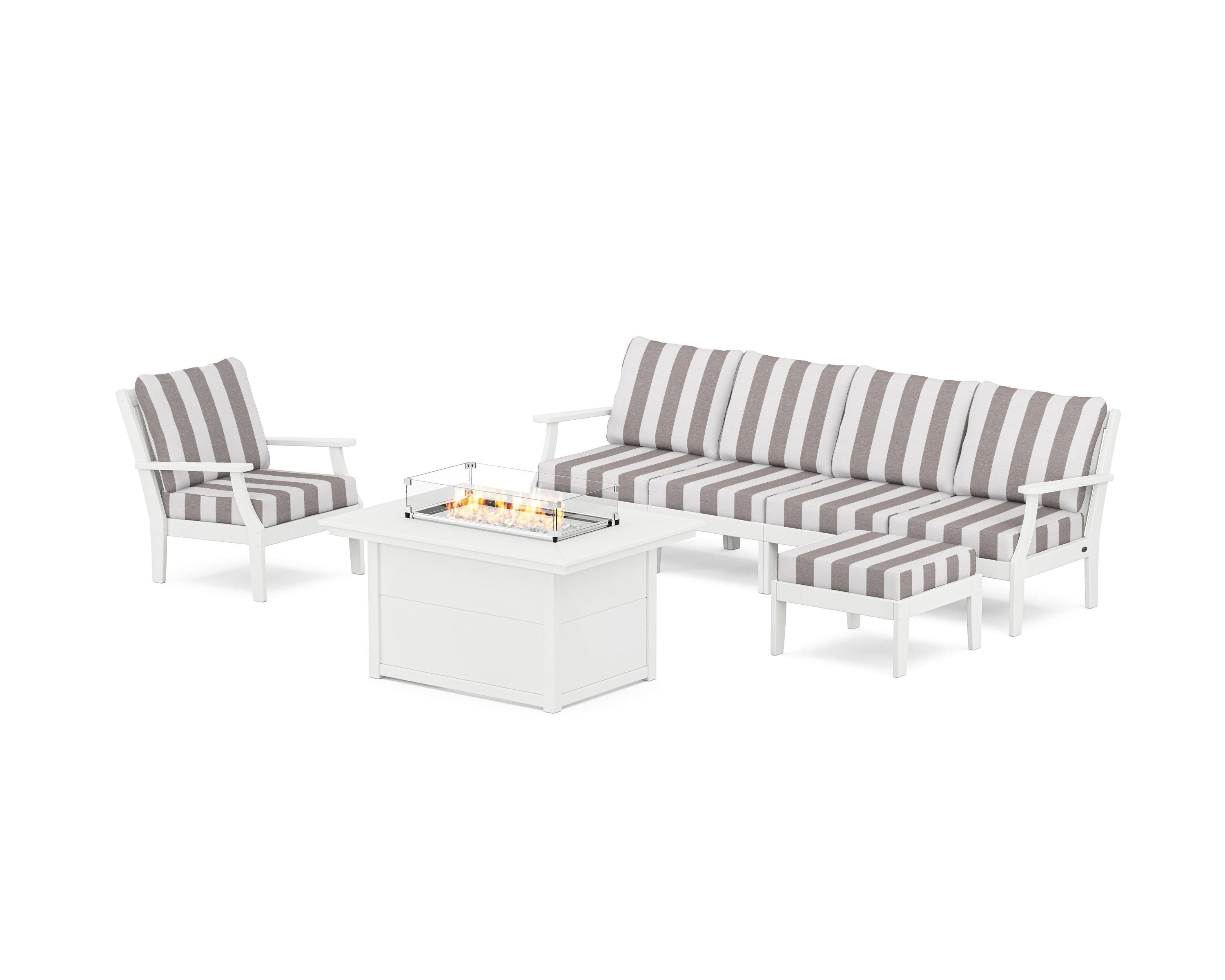 POLYWOOD® Braxton Sectional Lounge and Fire Pit Set in White / Cabana Stripe Grey Mist