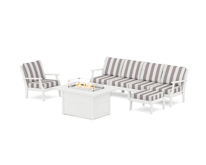 POLYWOOD® Braxton Sectional Lounge and Fire Pit Set in White / Cabana Stripe Grey Mist