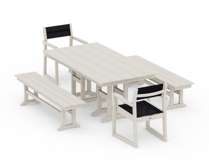 POLYWOOD® EDGE Sling Arm Chair 5-Piece Farmhouse Dining Set with Benches in Sand / Black Sling