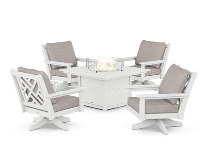 POLYWOOD® Chippendale 5-Piece Deep Seating Swivel Conversation Set with Fire Pit Table in White / Weathered Tweed