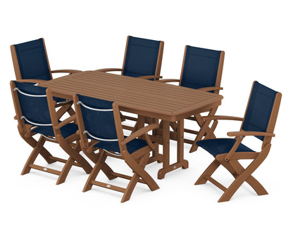 POLYWOOD® Coastal Folding Arm Chair 7-Piece Dining Set in Teak / Navy Blue Sling