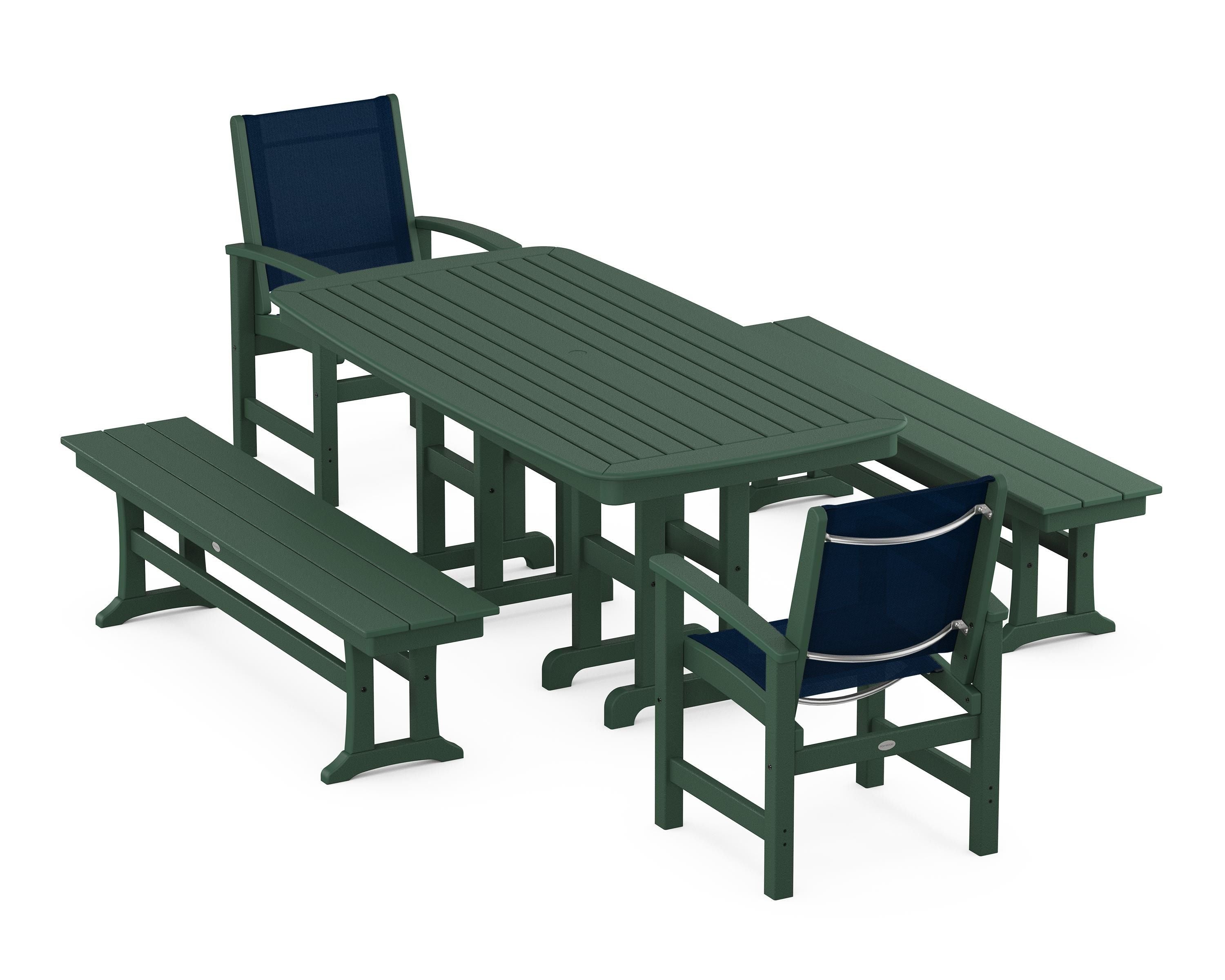 POLYWOOD® Coastal 5-Piece Dining Set in Green / Navy Blue Sling