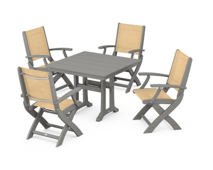 POLYWOOD® Coastal Folding Chair 5-Piece Farmhouse Dining Set With Trestle Legs in Slate Grey / Dupioni Apricot Sling