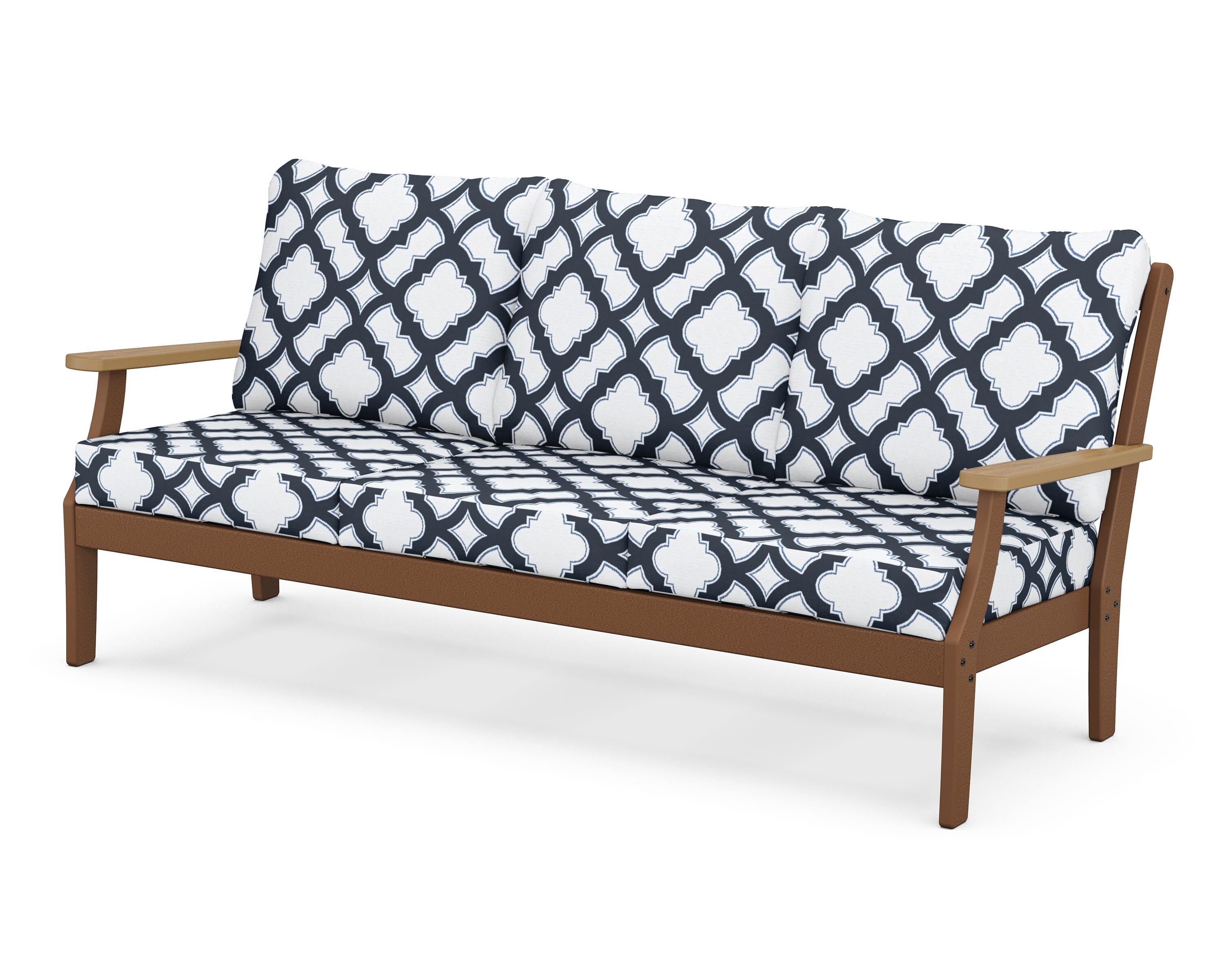 POLYWOOD® Braxton Deep Seating Sofa in Teak / Natural / Trellis Marine Indigo