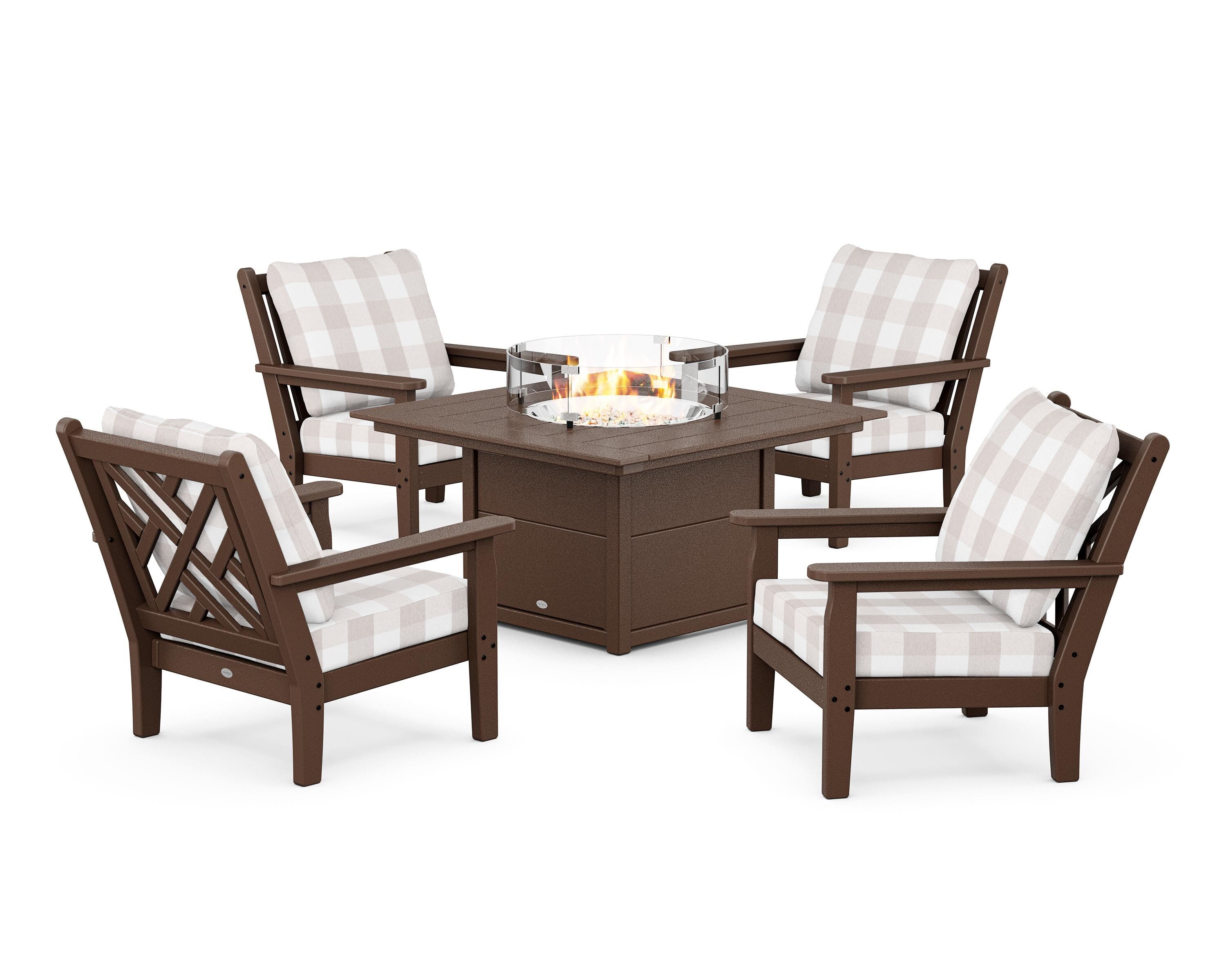 POLYWOOD® Chippendale 5-Piece Deep Seating Set with Fire Pit Table in Mahogany / Buffalo Plaid Dune Burlap