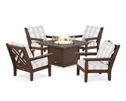 POLYWOOD® Chippendale 5-Piece Deep Seating Set with Fire Pit Table in Mahogany / Buffalo Plaid Dune Burlap