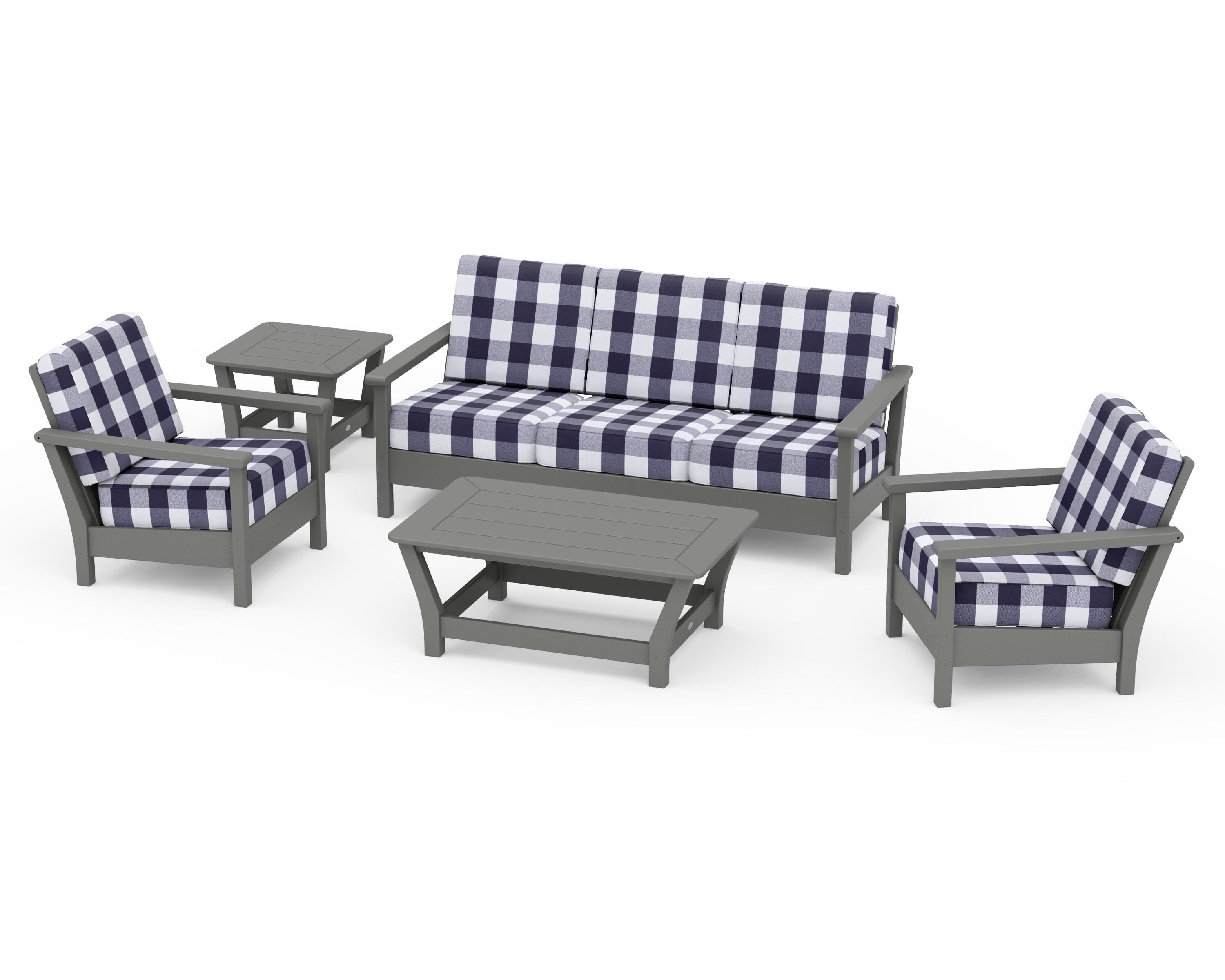 POLYWOOD® Harbour 5-Piece Deep Seating Set in Slate Grey / Buffalo Plaid Navy