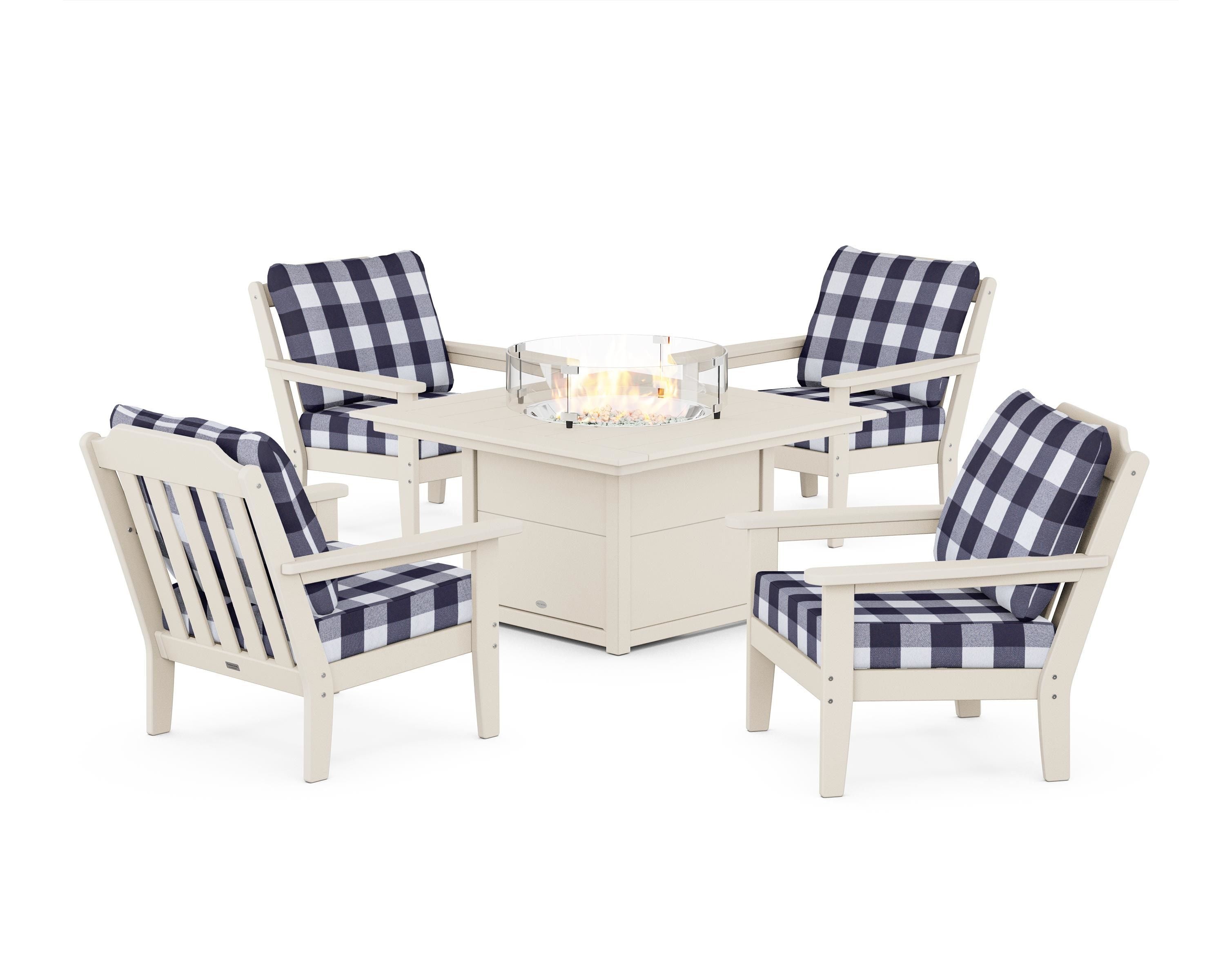Country Living Cottage 5-Piece Deep Seating Set with Fire Pit Table in Sand / Buffalo Plaid Navy