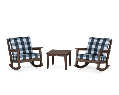POLYWOOD® Chippendale 3-Piece Deep Seating Rocker Set in Mahogany / Buffalo Plaid Marine Indigo