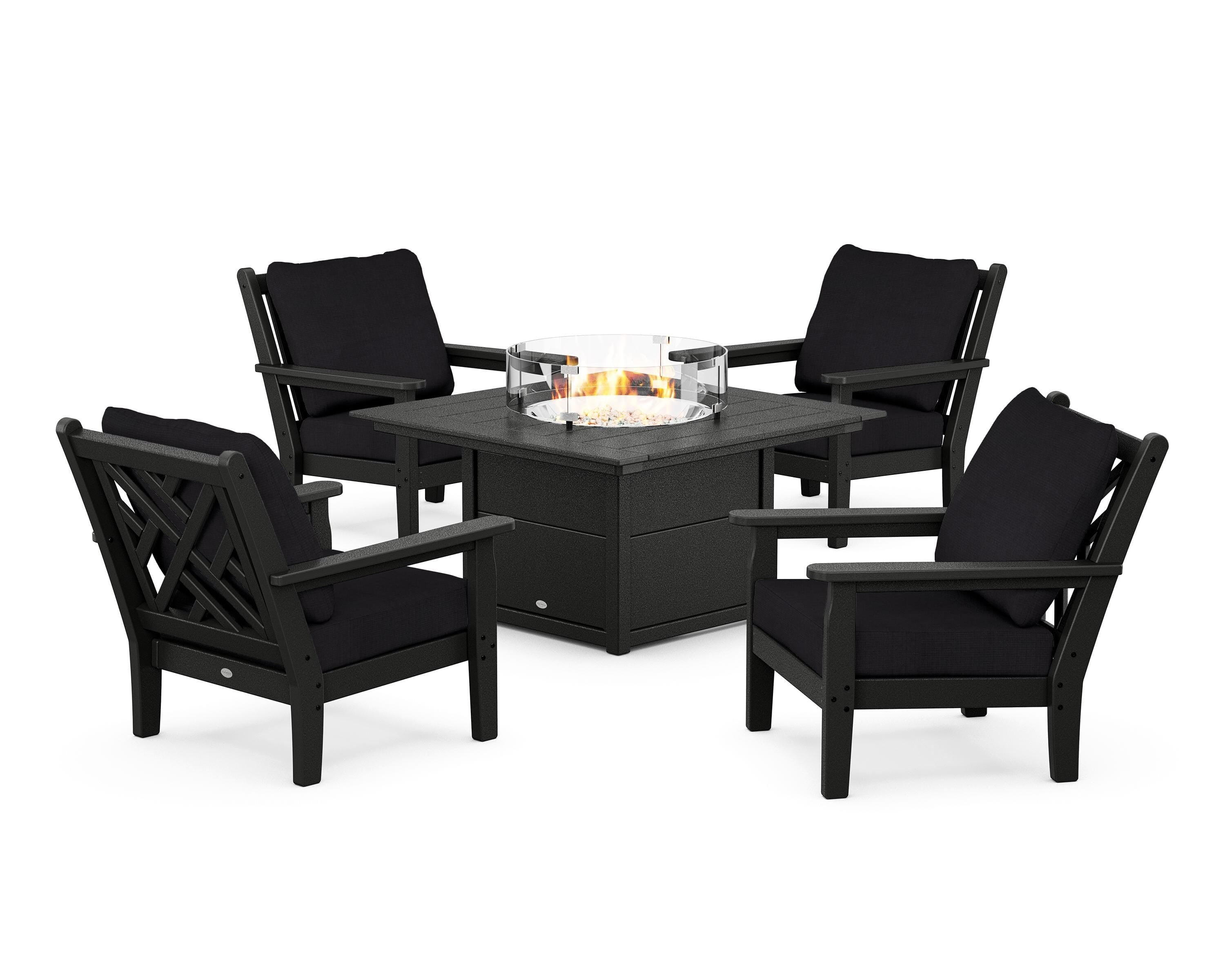 POLYWOOD® Chippendale 5-Piece Deep Seating Set with Fire Pit Table in Black / Midnight Linen