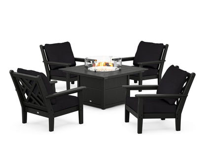 POLYWOOD® Chippendale 5-Piece Deep Seating Set with Fire Pit Table in Black / Midnight Linen