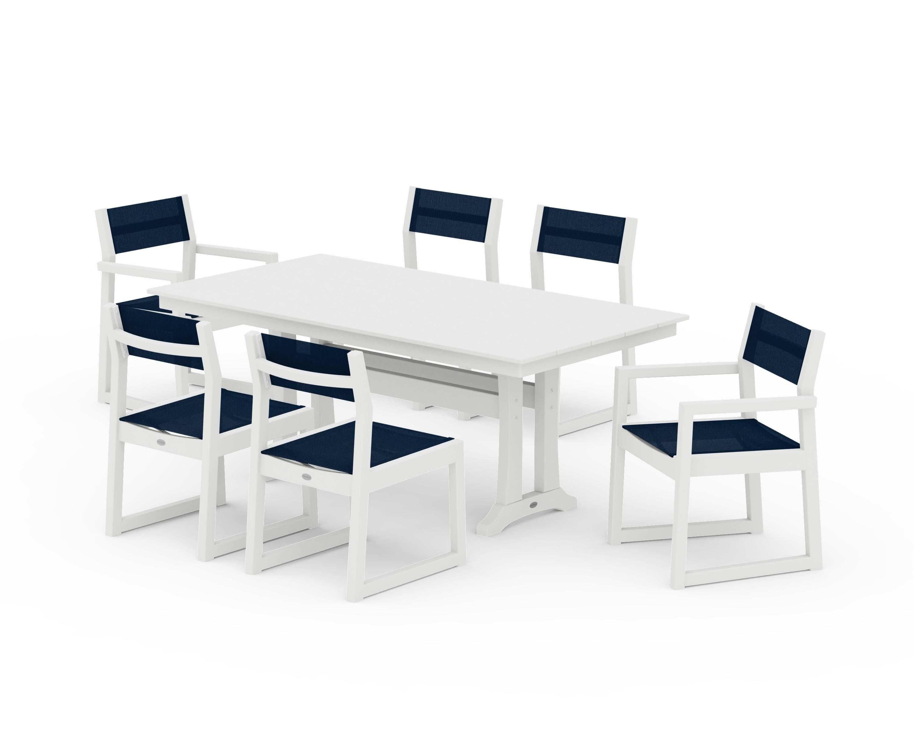 POLYWOOD® EDGE Sling 7-Piece Farmhouse Trestle Dining Set in White / Navy Blue Sling