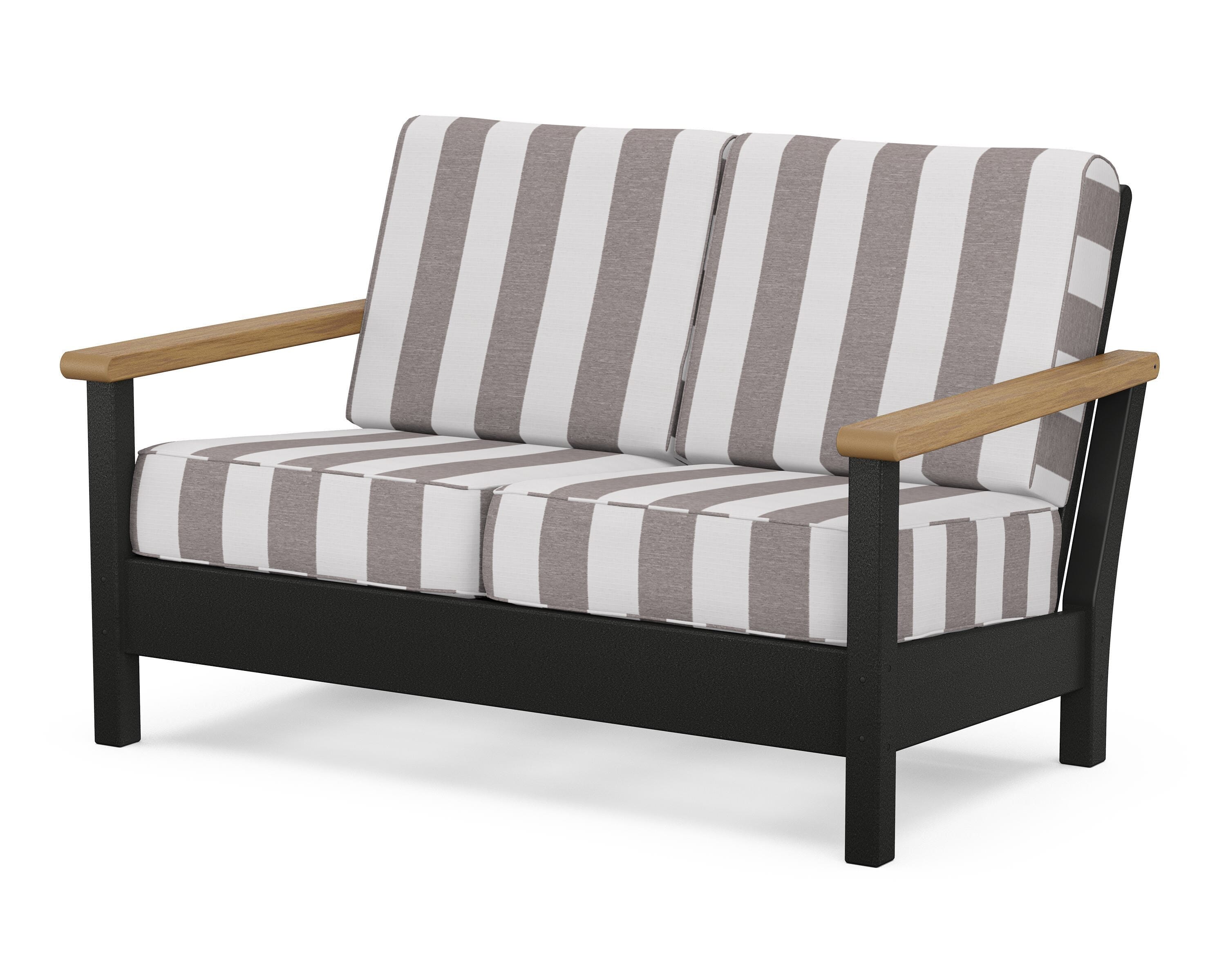 POLYWOOD® Harbour Deep Seating Loveseat in Black / Natural / Cabana Stripe Grey Mist