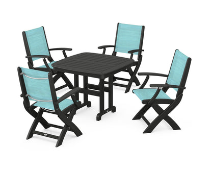 POLYWOOD® Coastal Folding Chair 5-Piece Dining Set in Black / Dupioni Aquamarine Sling