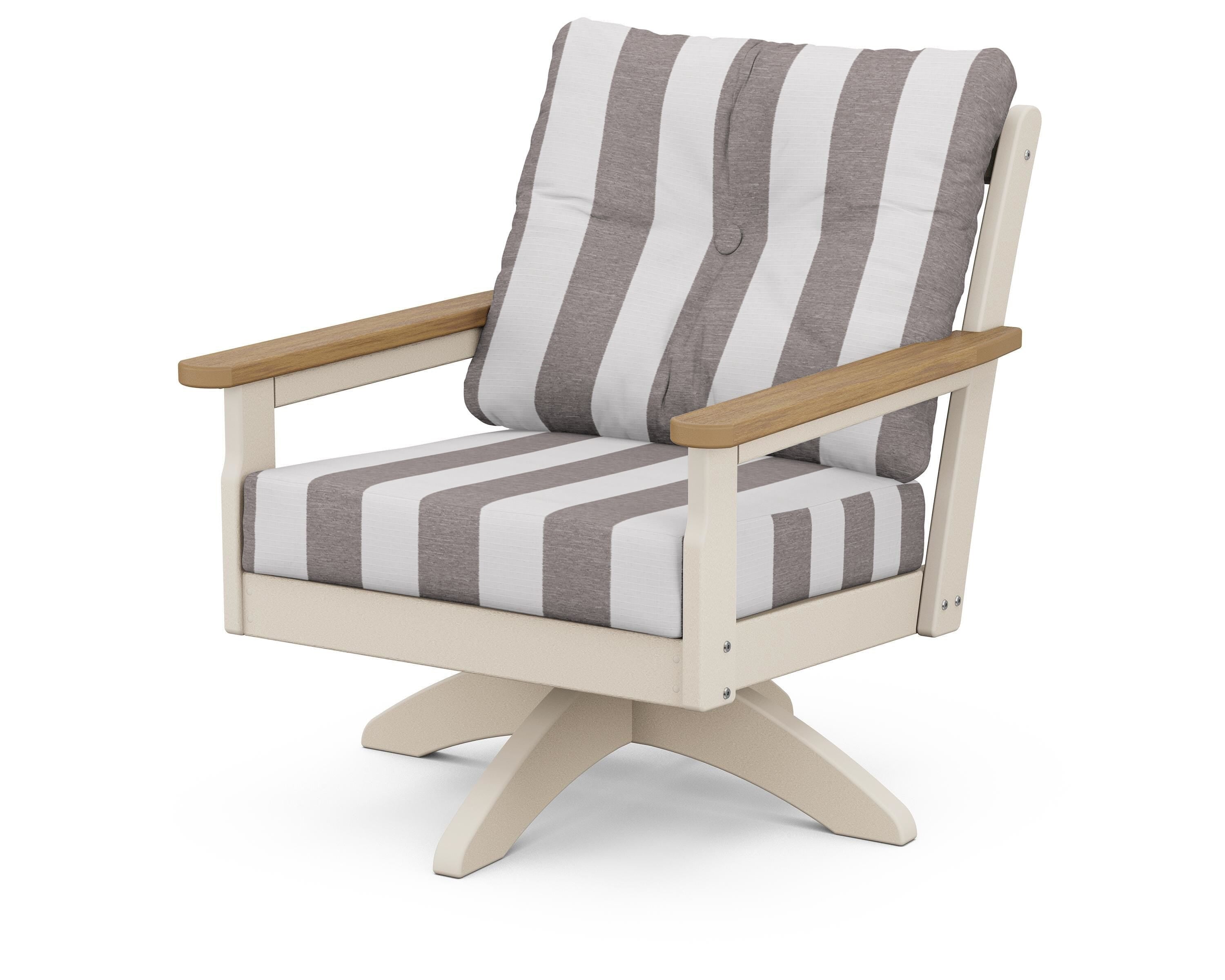 POLYWOOD® Vineyard Deep Seating Swivel Chair in Sand / Natural / Cabana Stripe Grey Mist
