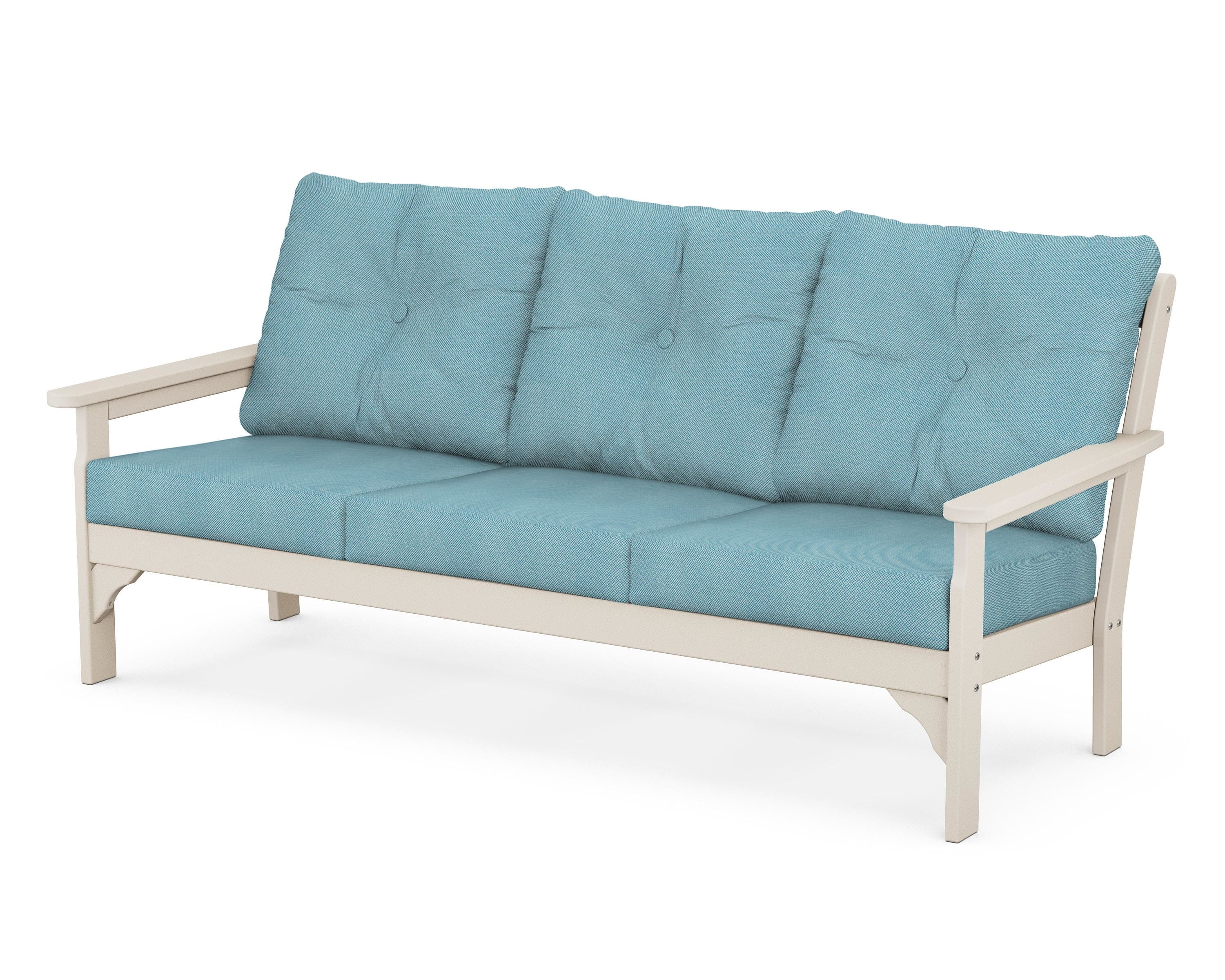 POLYWOOD® Vineyard Deep Seating Sofa in Sand / Lattice Sky Blue
