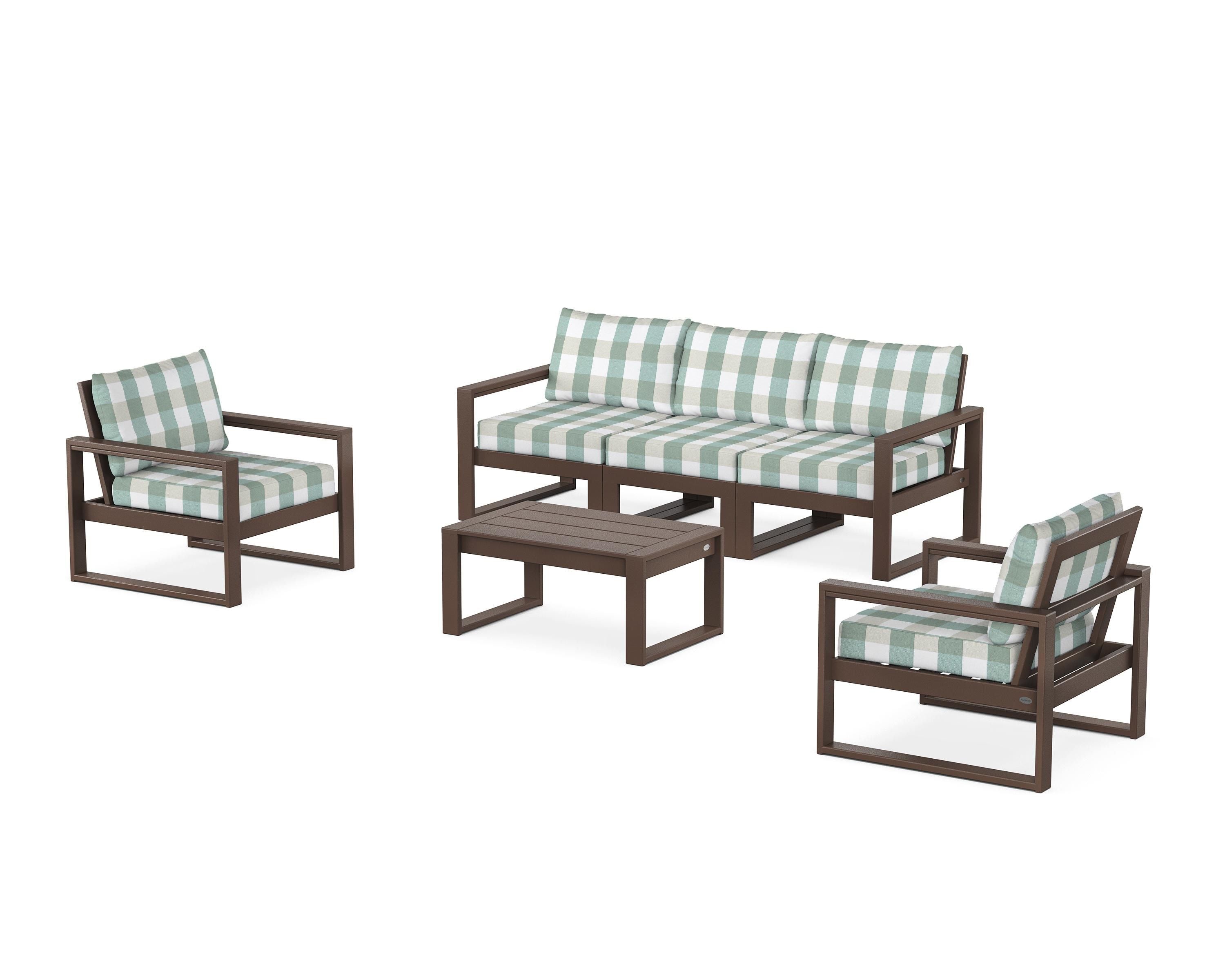 POLYWOOD® EDGE Sectional 4-Piece Deep Seating Set with Sofa in Mahogany / Buffalo Plaid Glacier Spa