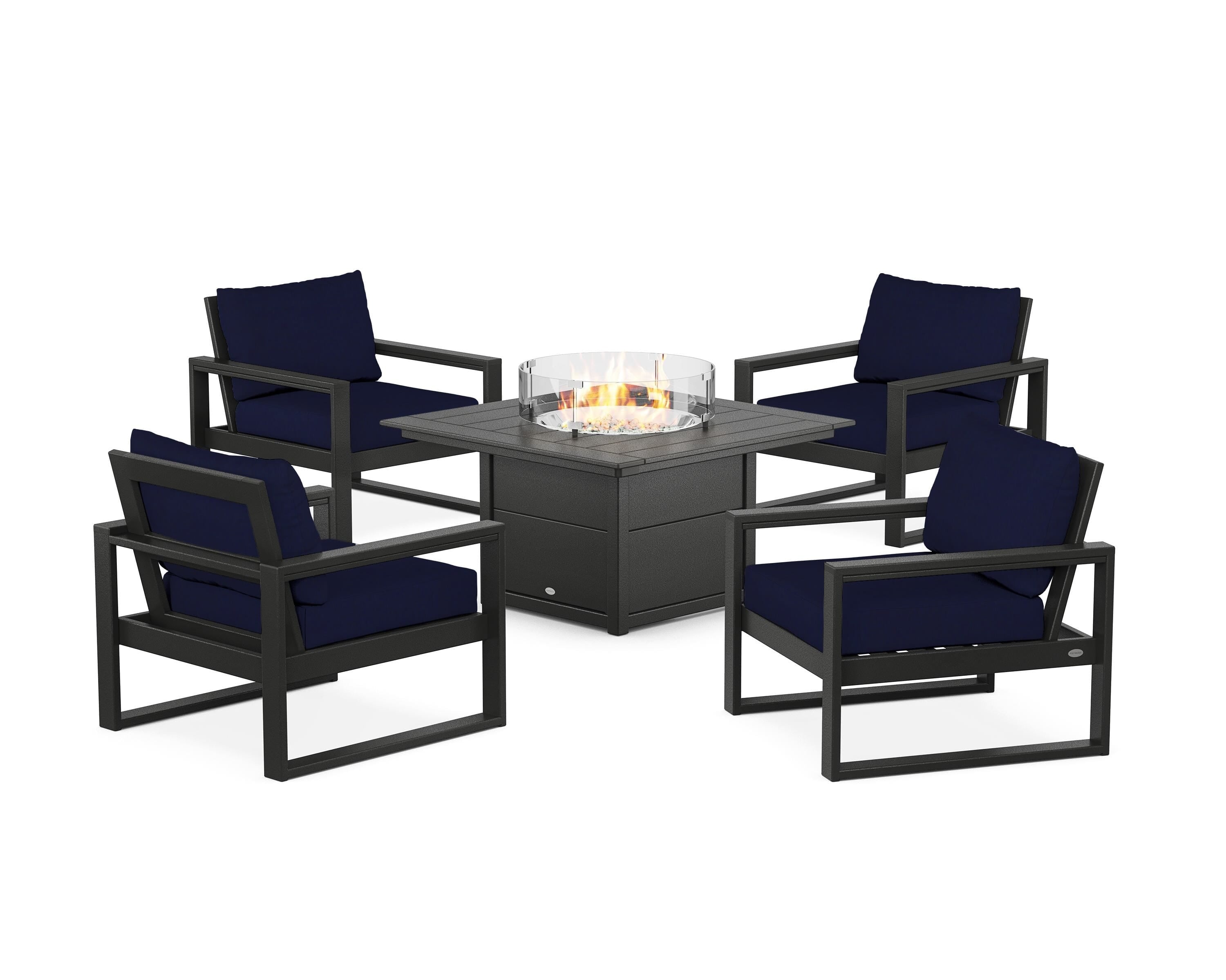 POLYWOOD® EDGE Sectional 5-Piece Deep Seating Set with Fire Pit Table in Black / Navy