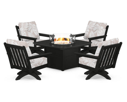 POLYWOOD® Vineyard 5-Piece Deep Seating Swivel Conversation Set with Fire Pit Table in Black / Leaf Dune Burlap