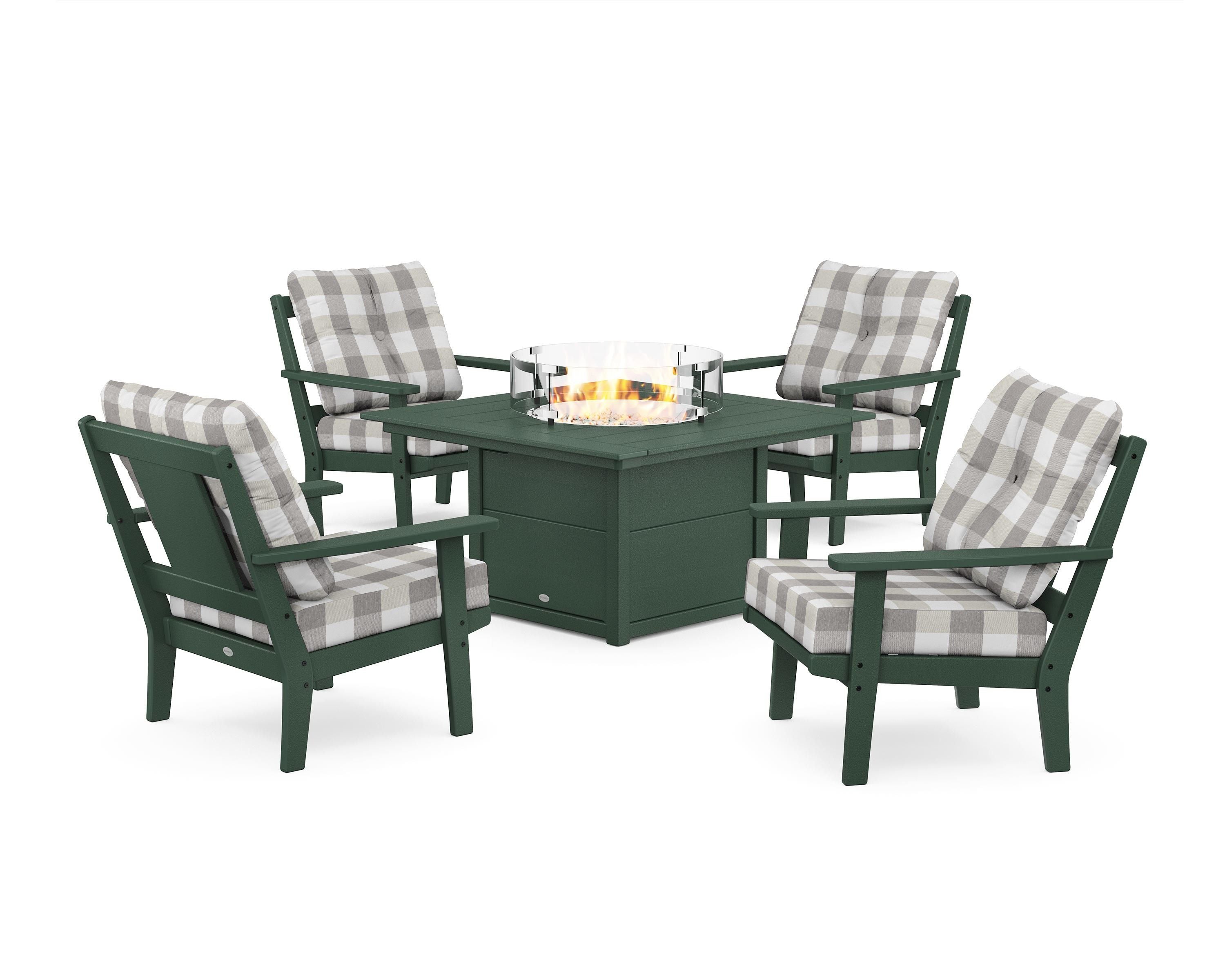 POLYWOOD® Prairie 5-Piece Deep Seating Set with Fire Pit Table in Green / Buffalo Plaid Grey Mist