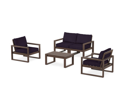 POLYWOOD® EDGE Sectional 4-Piece Deep Seating Set with Loveseat in Mahogany / Navy Linen