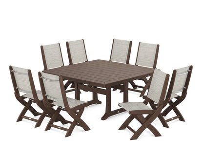 POLYWOOD® Coastal Folding Side Chair 9-Piece Dining Set with Trestle Legs in Mahogany / Birch Sling