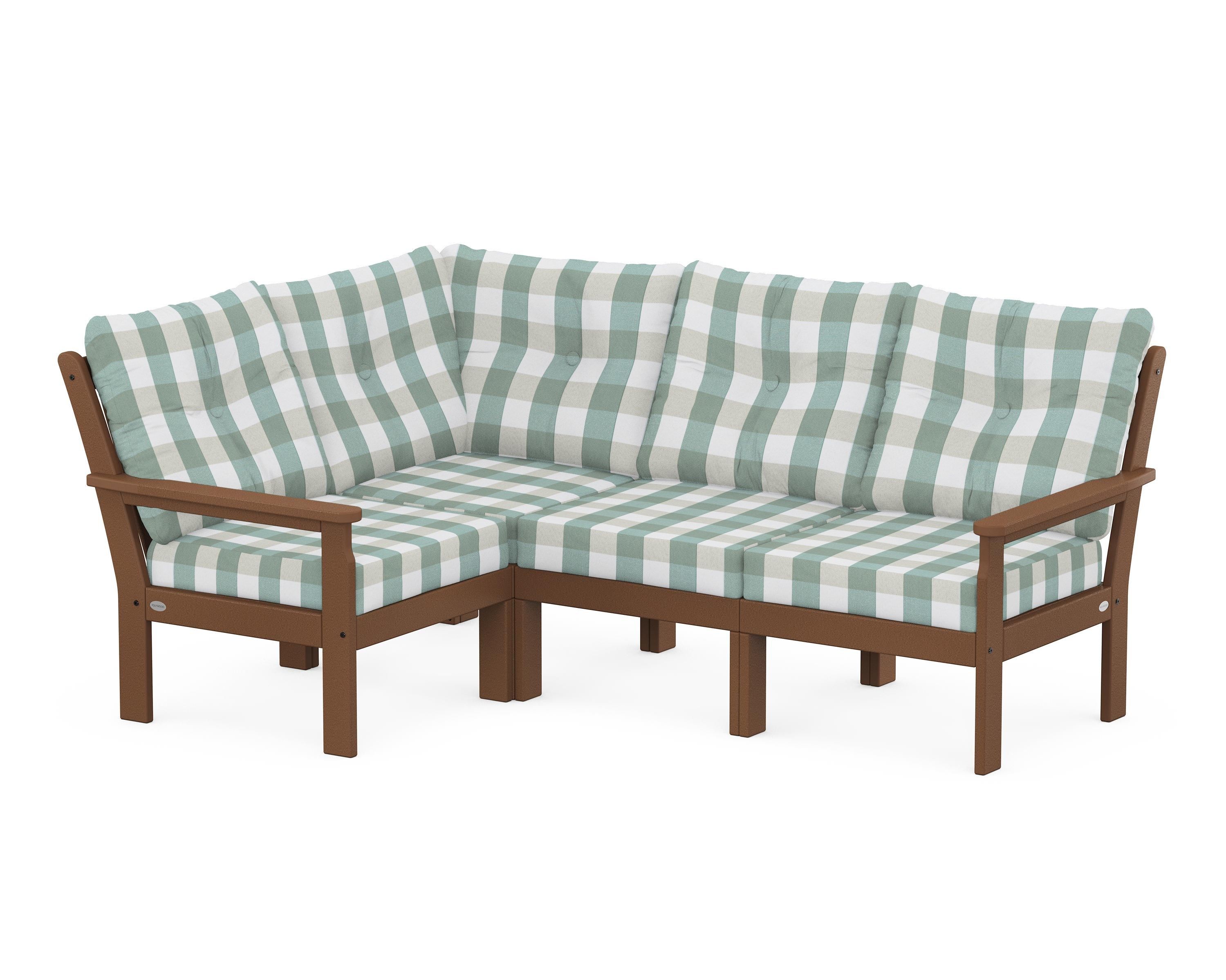 POLYWOOD® Vineyard 4-Piece Sectional in Teak / Buffalo Plaid Glacier Spa
