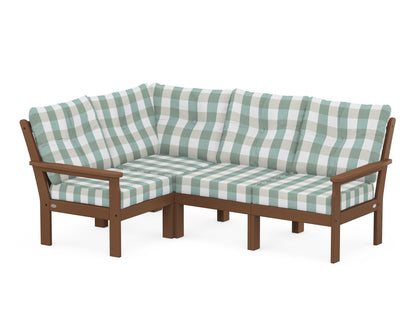 POLYWOOD® Vineyard 4-Piece Sectional in Teak / Buffalo Plaid Glacier Spa