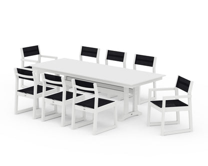POLYWOOD® EDGE Sling 9-Piece Farmhouse Trestle Dining Set in White / Black Sling