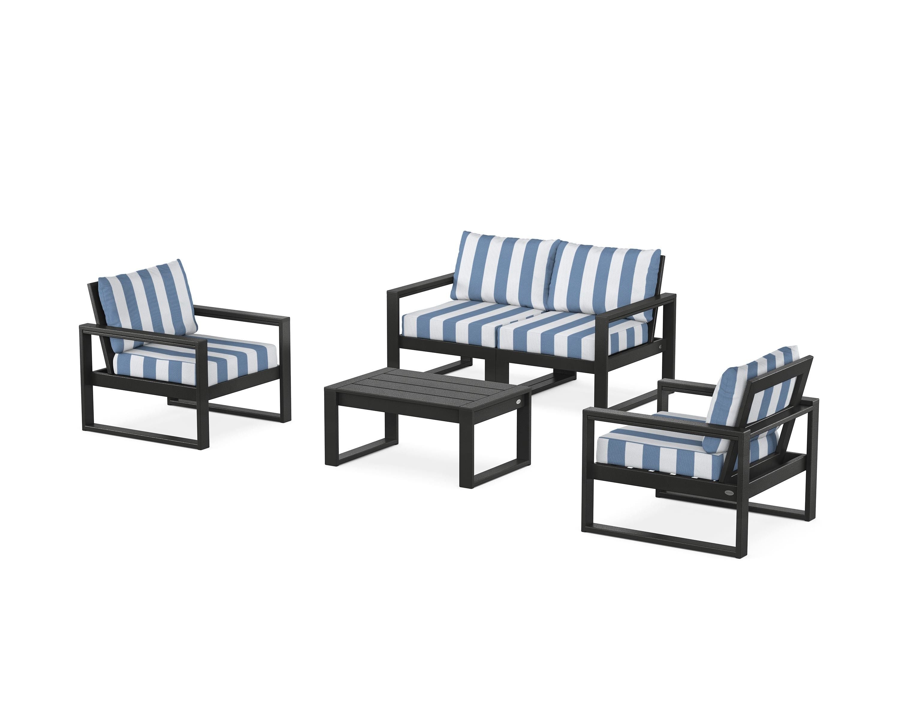 POLYWOOD® EDGE Sectional 4-Piece Deep Seating Set with Loveseat in Black / Cabana Stripe Sky Blue