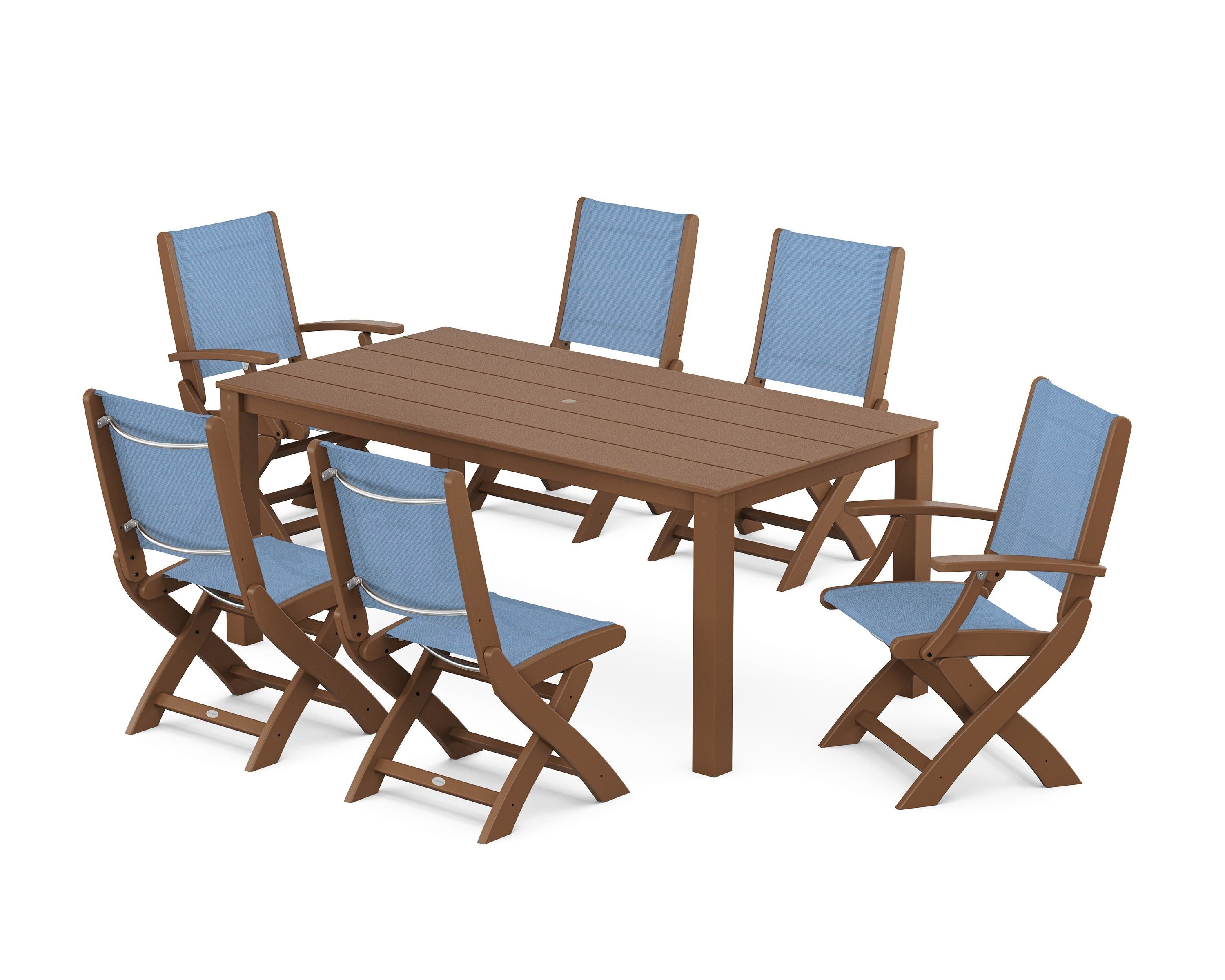 POLYWOOD® Coastal Folding Chair 7-Piece Parsons Dining Set in Teak / Poolside Sling