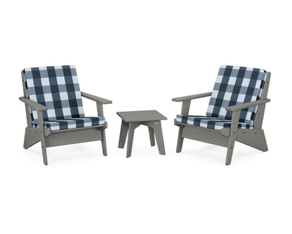 POLYWOOD® Riviera Modern Lounge 3-Piece Set in Slate Grey / Buffalo Plaid Marine Indigo